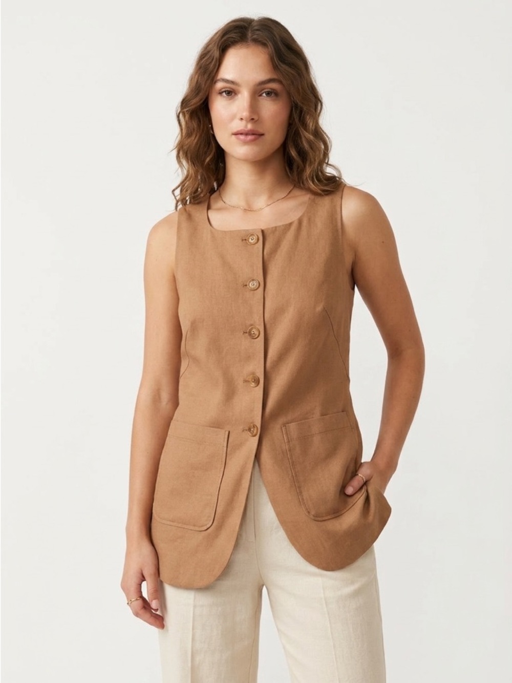 Maeve Longline Vest Button Front Pockets Linen Blend Brown S